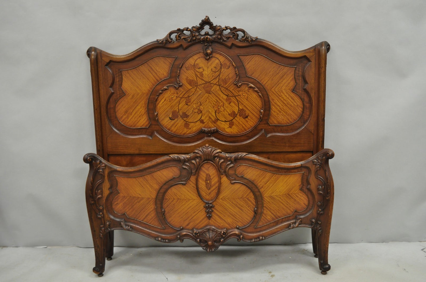 Antique French Louis XV Style Walnut Satinwood Inlay Twin Bed Frames - a Pair