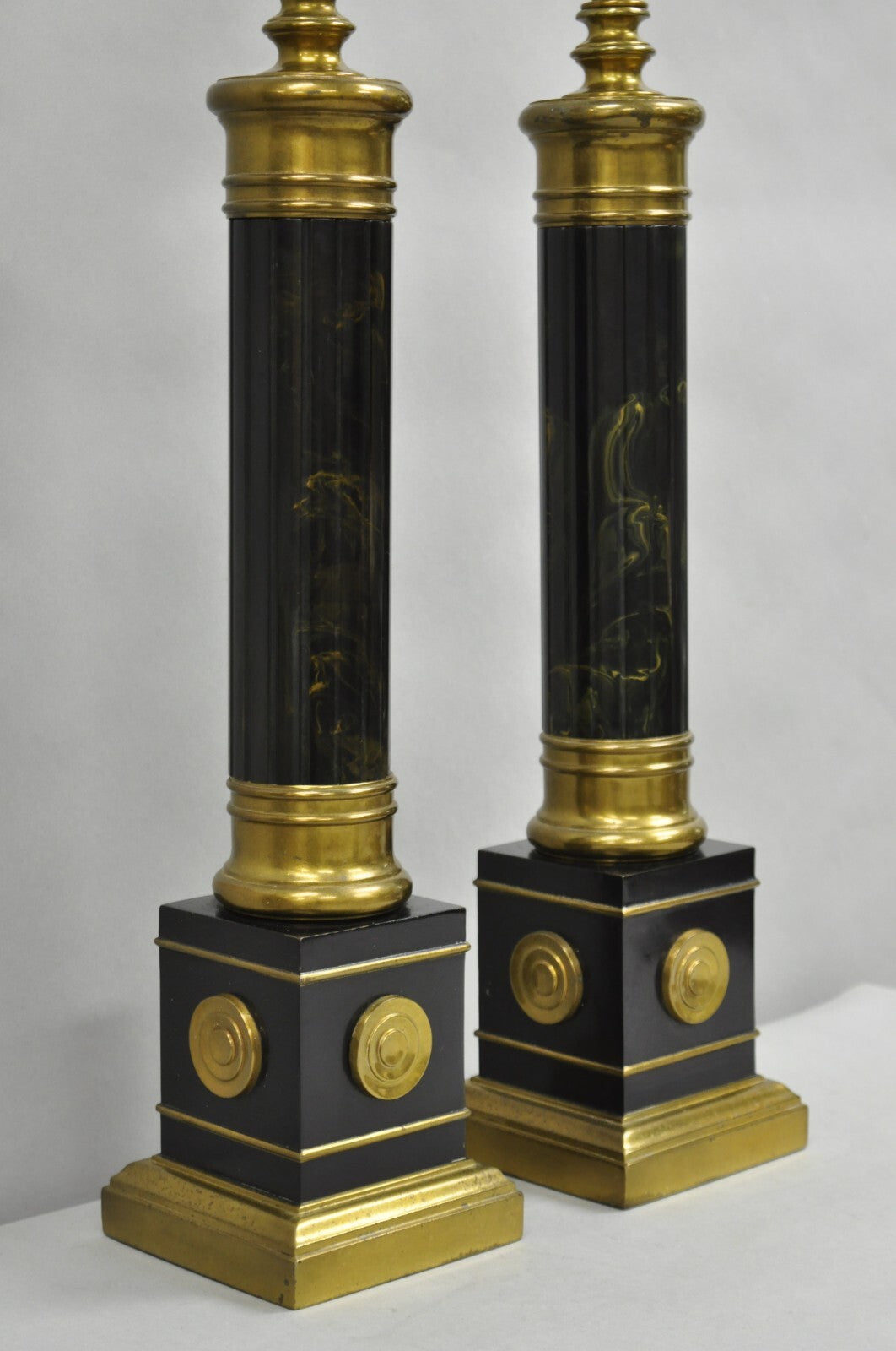 Vintage French Empire Brass Metal "Smoky" Celluloid Column Table Lamps - a Pair