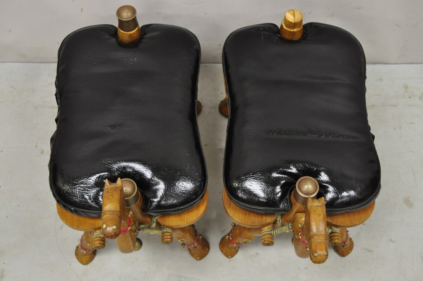 Vintage Camel Saddle Stools Carved Wood Black/Red Cushions - a Pair