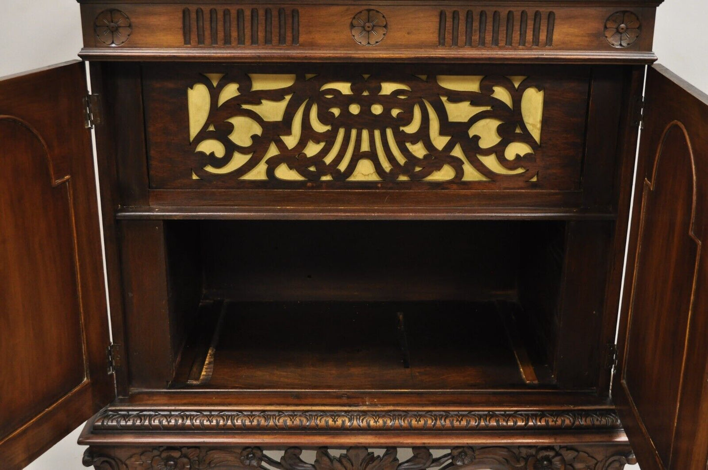 Antique French Renaissance Flower Carved Walnut China Cabinet Radio Bar Cabinet