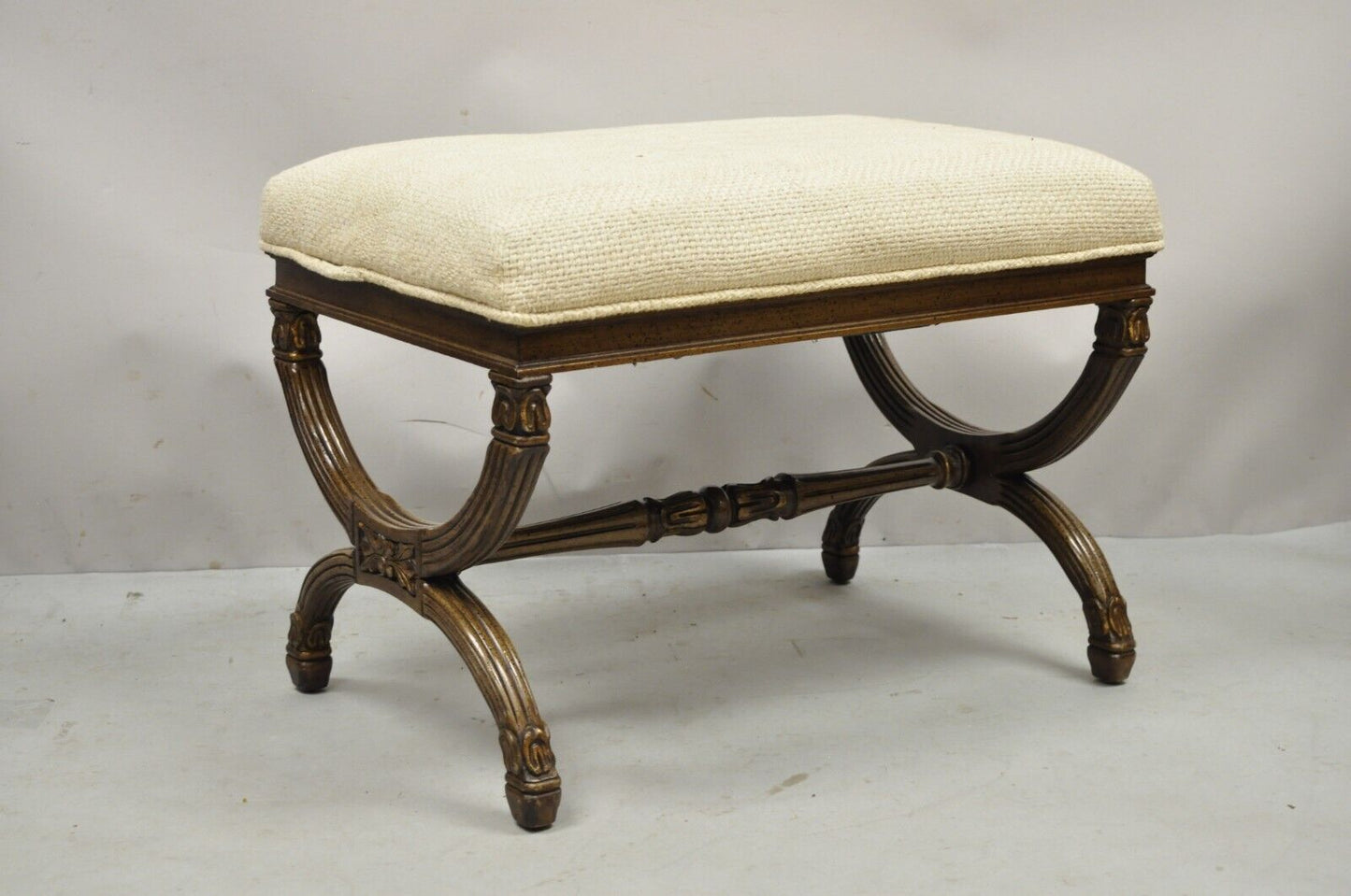 Vintage X-form Italian Neoclassical Style Carved Wood X-frame Bench