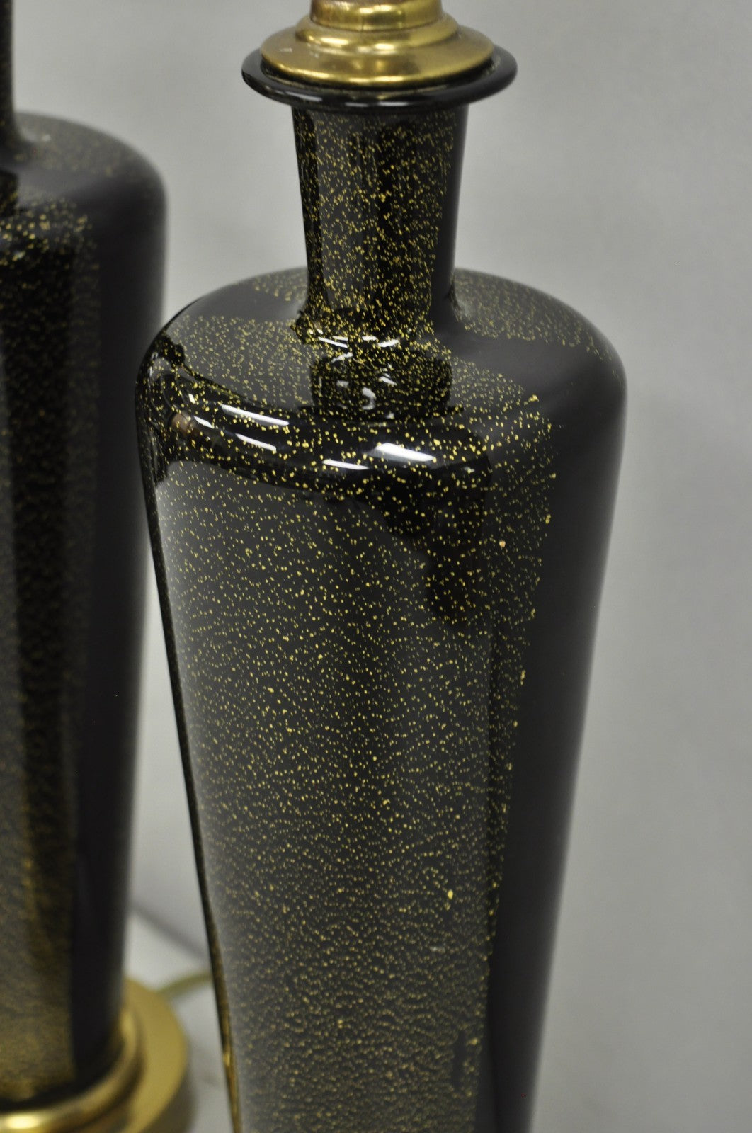 Vintage Mid Century Modern Black Glass w/ Gold Speckles Urn Table Lamps - a Pair