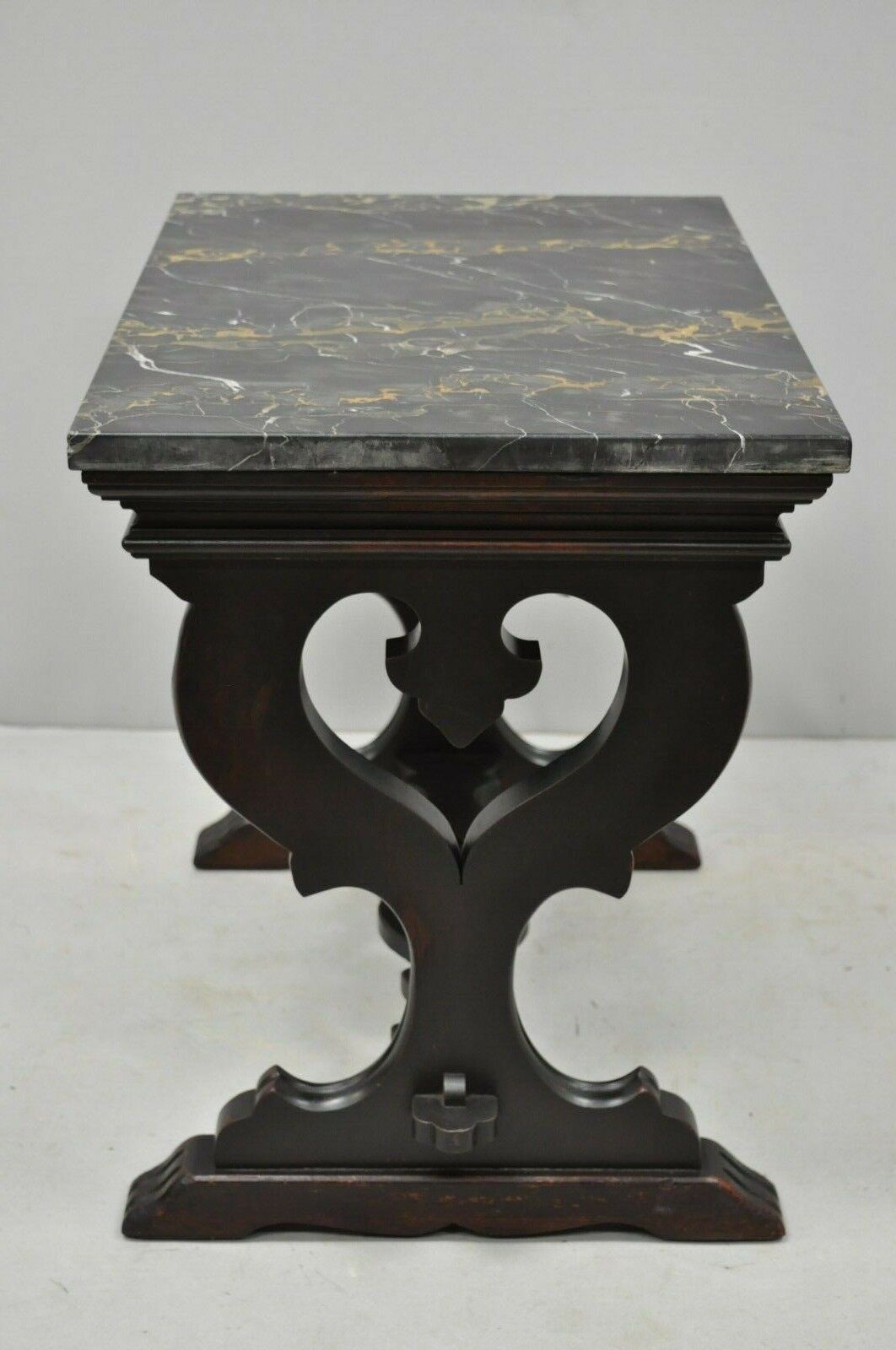 Antique Renaissance Style Carved Walnut Marble Top Side Table from Bloomingdales