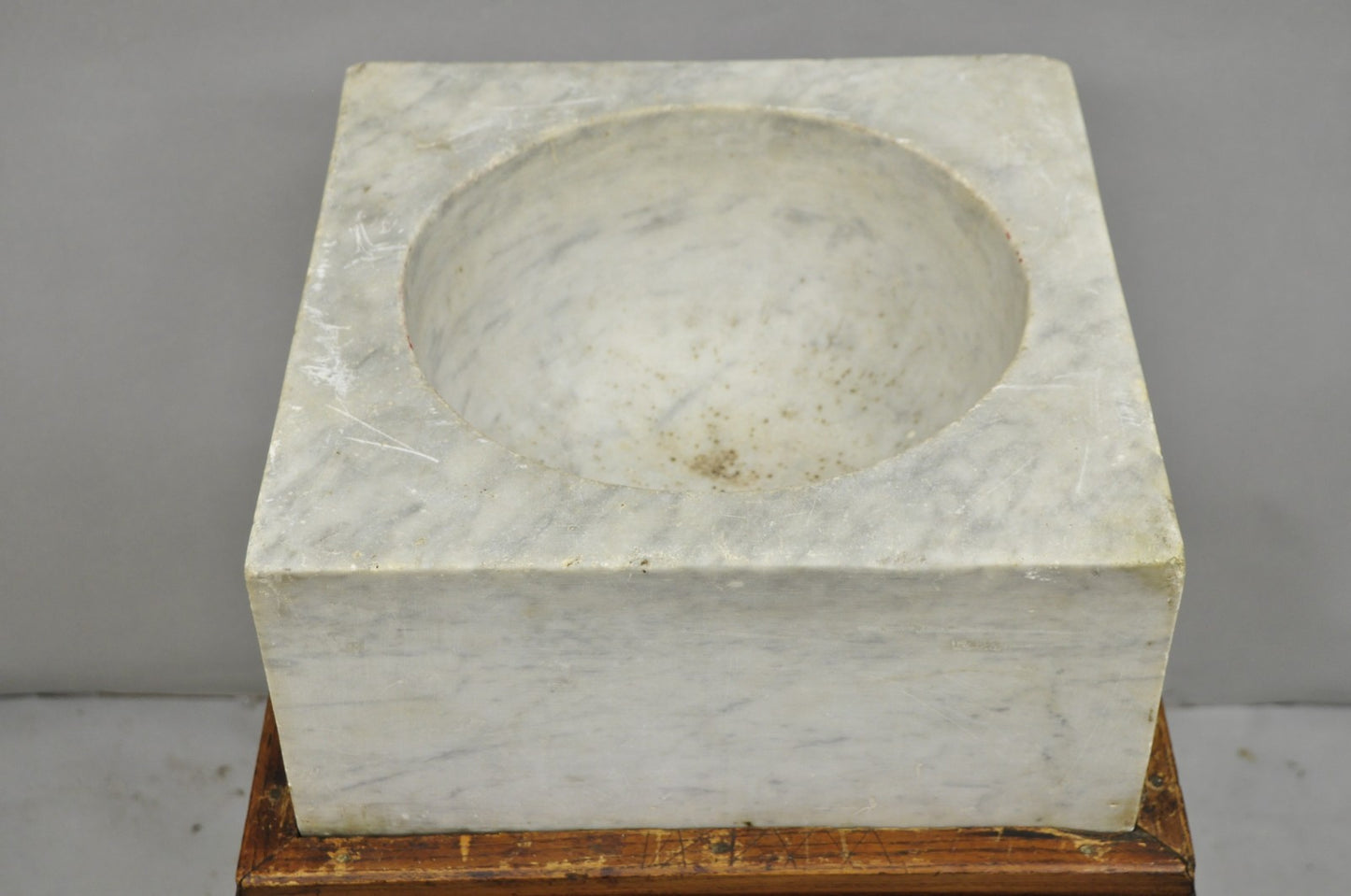 Antique French Country Primitive Carved Marble Mortar and Pestle on Wood Base