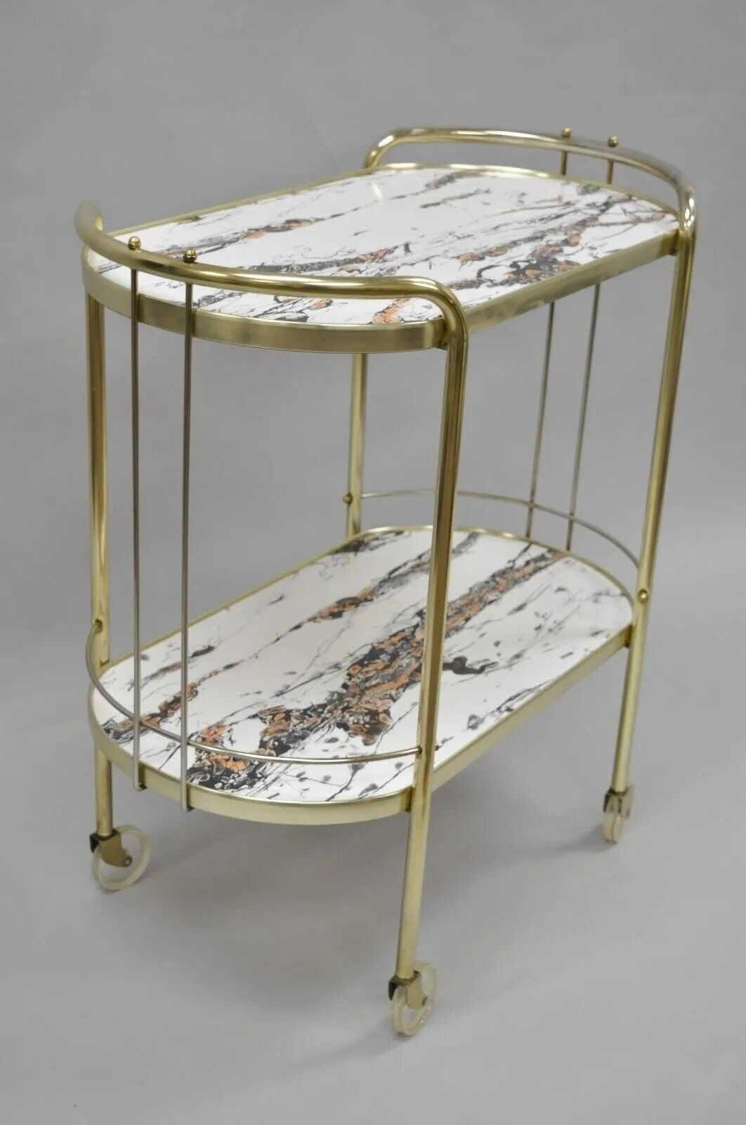 Vintage Mid Century Modern Brass Rolling Bar Tea Cart Laminate Faux Marble