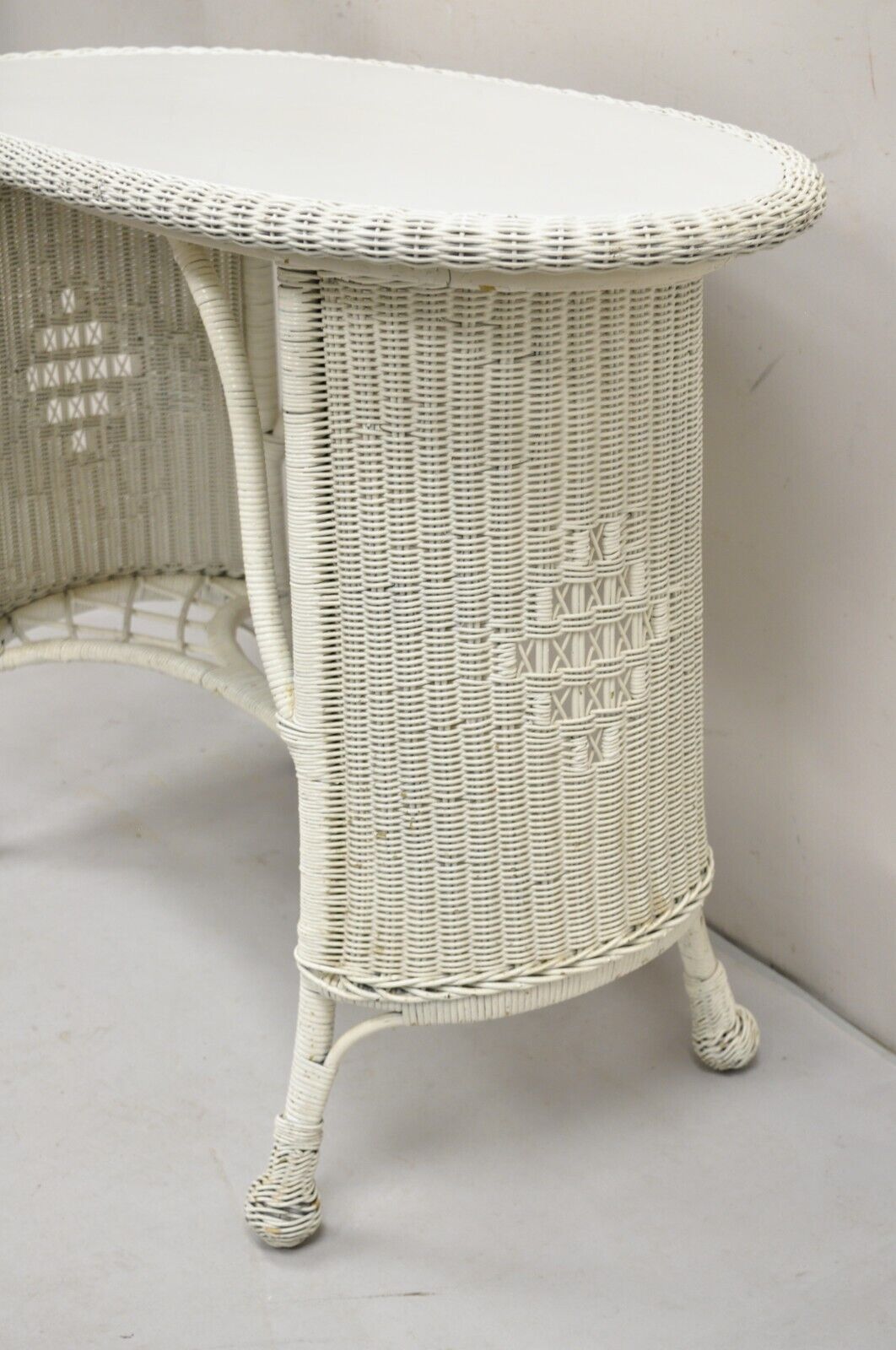 Antique Victorian White Wicker Rattan Console Hall Side Table