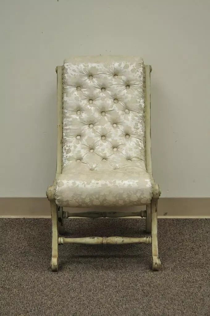 Vintage Carved Wood Japanese Obi Slipper Side Chair w/ Distress Painted Finish