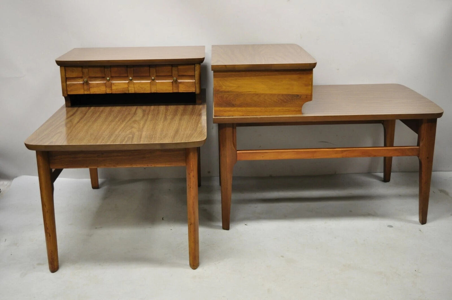 Mersman Mid Century Modern Walnut and Laminate Step Up Side End Tables - a Pair