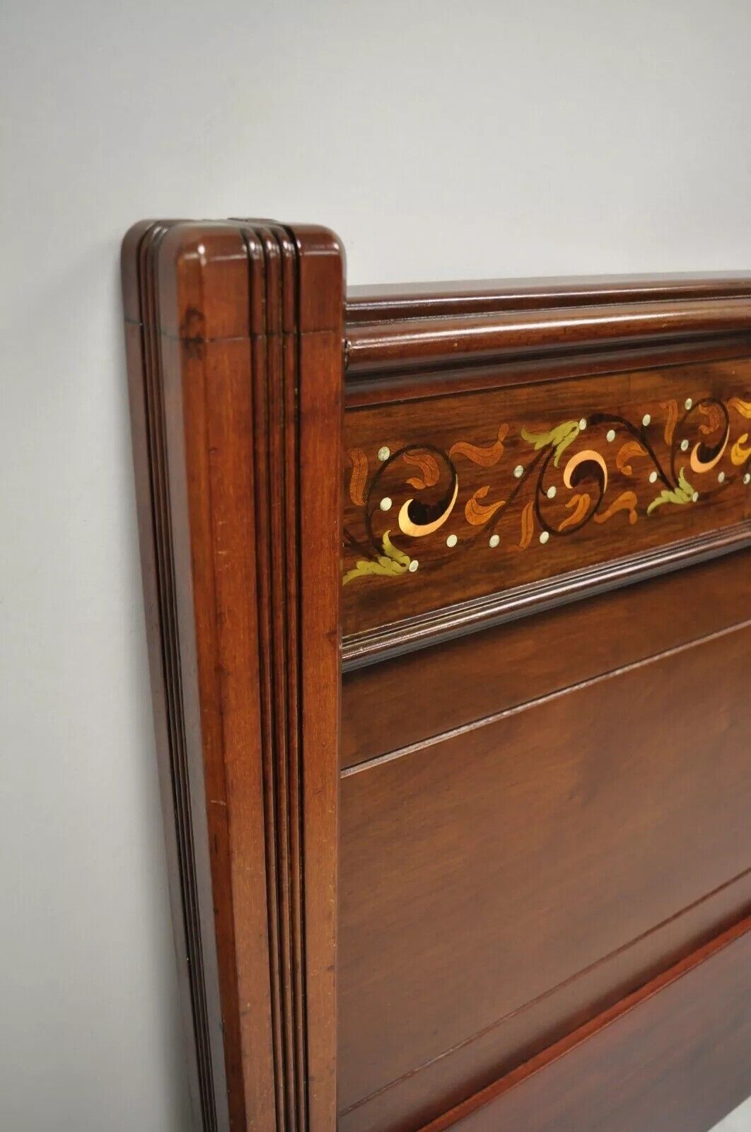 Herts Brothers Edwardian Mahogany Brass Satinwood Inlay Queen Bed Headboard