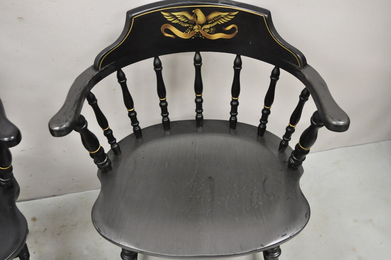 Vintage S. Bent & Bros Black Painted Eagle Colonial Style Pub Chairs - a Pair