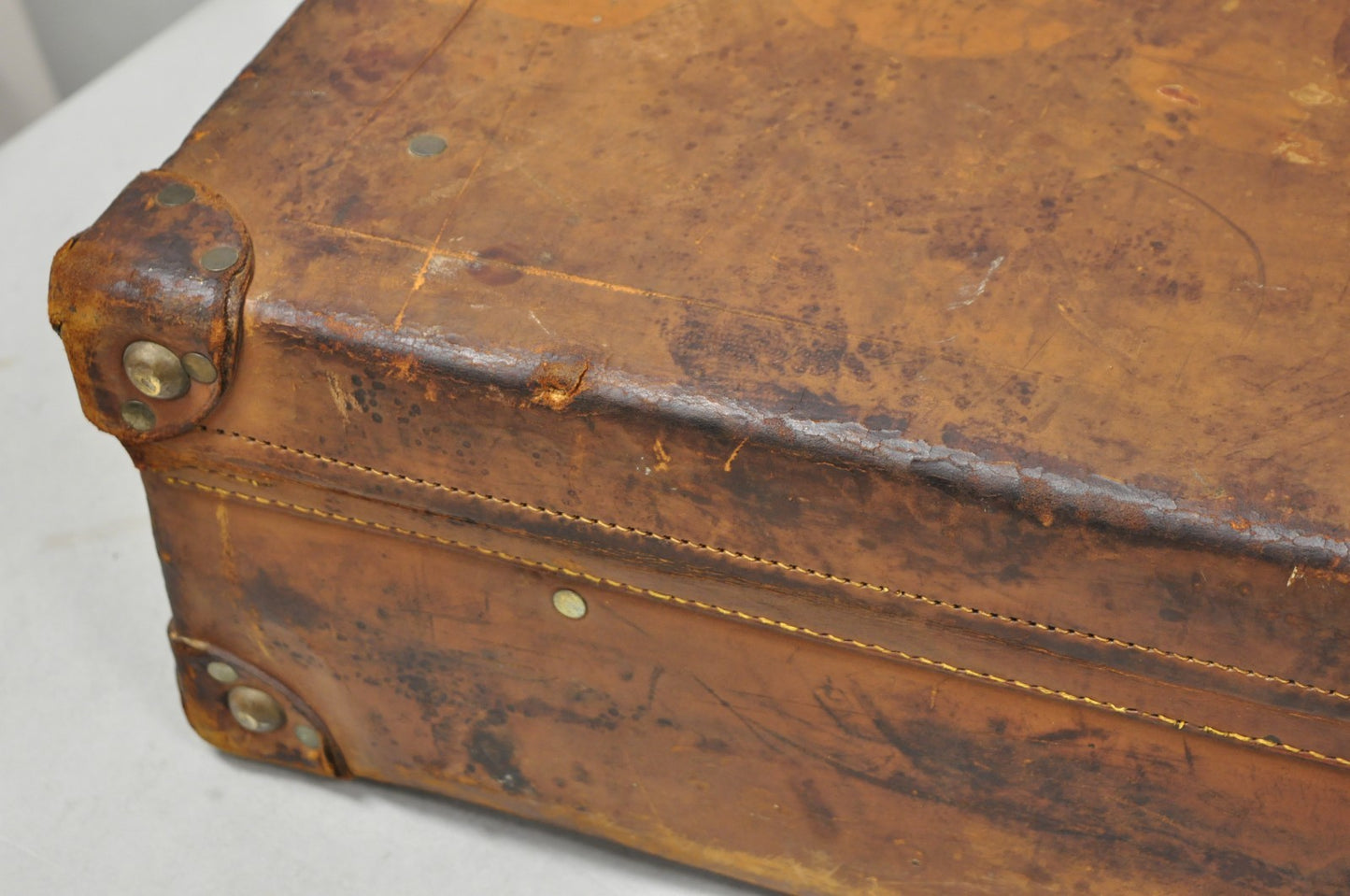 Antique Distressed Brown Leather English Art Deco 24" Suitcase Bag