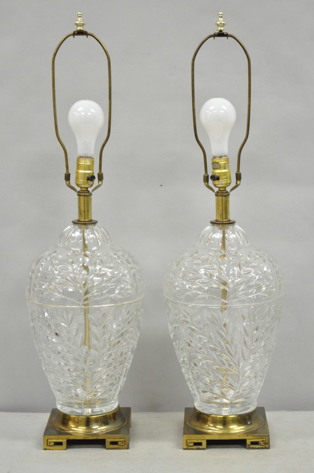 Vintage Chinoiserie Heavy Leaded Glass Wheat Sheaf Ginger Jar Table Lamps, Pair