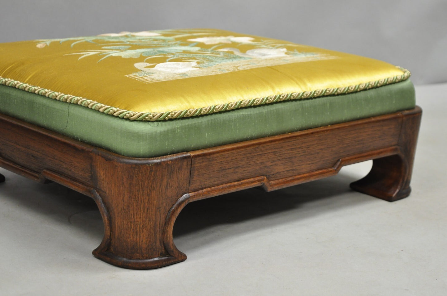 Vintage Chinoiserie Chinese Ming Style Low Footstool Ottoman w/ Silk - Pair