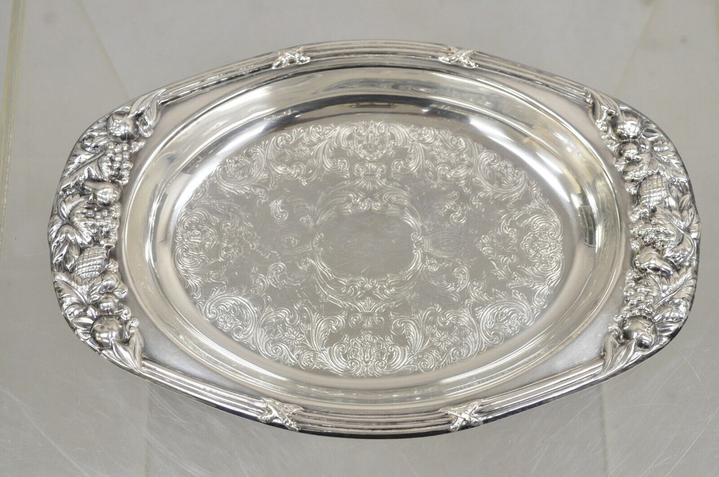 Sheffield Silver Co. USA Fruit Harvest Repousse Silver Plated Oval Platter Dish