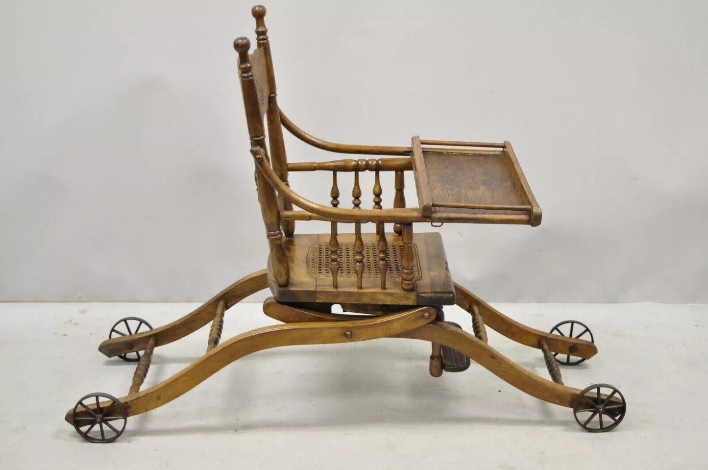 Antique Victorian Oak Convertible Pressed Back High Chair Baby Stroller