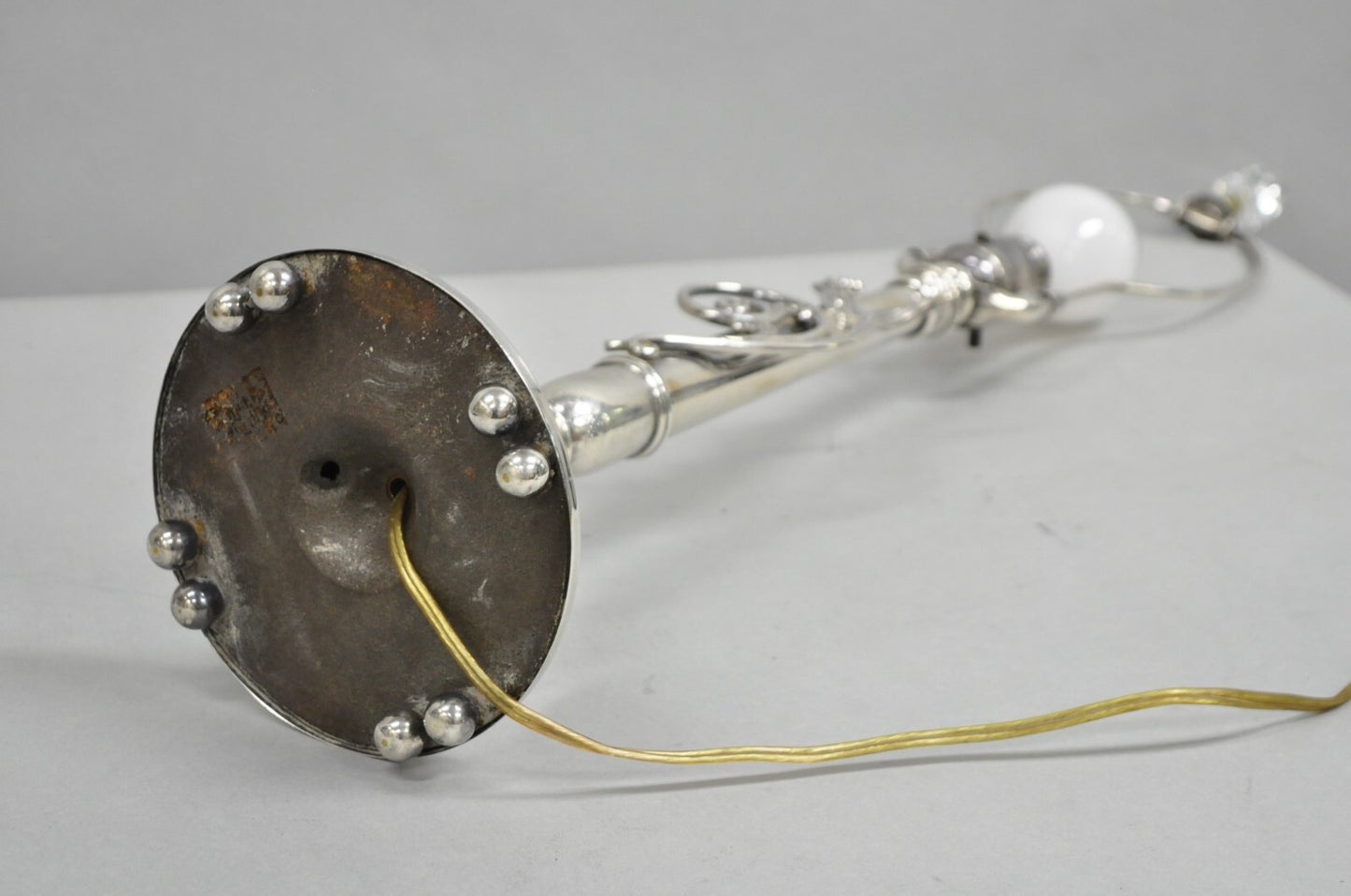 Antique French Art Nouveau Silver Plated Scrollwork Column Small Table Lamp