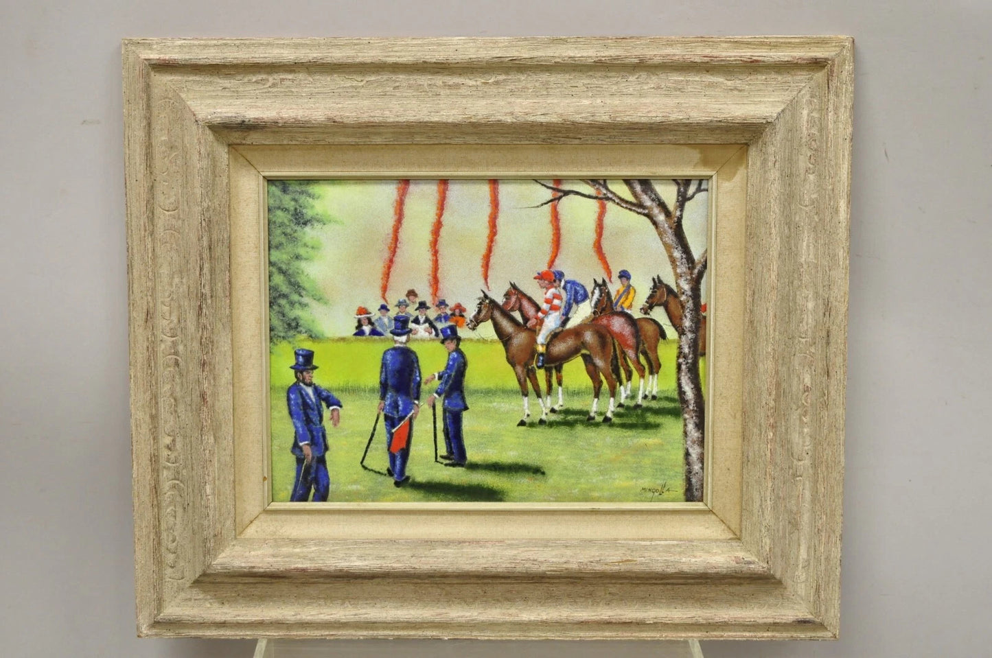 Dom Dominic Mingolla Enamel on Copper Framed Painting Horse Jockey Race Derby