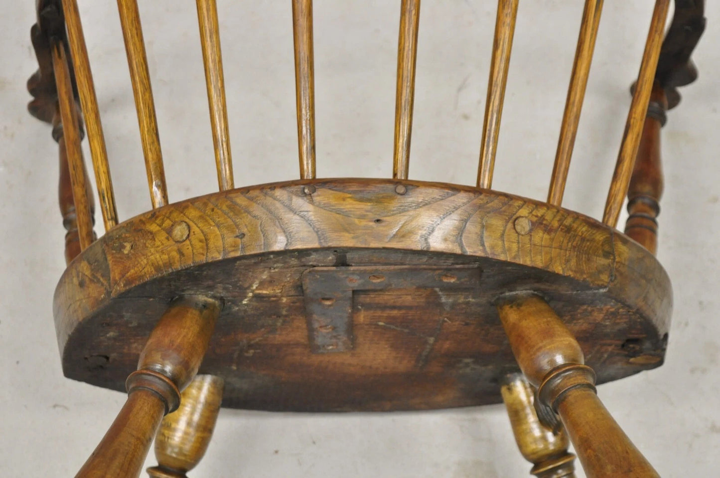Antique French Country Colonial Chestnut Oak Wood Small Bowed Windsor Arm Chair