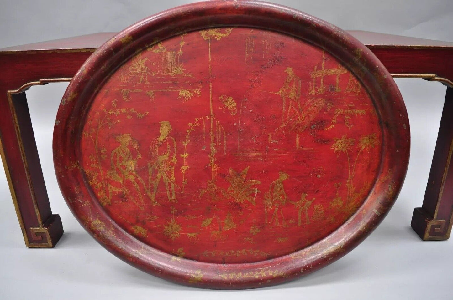 Vintage Chinoiserie Red Oriental Coffee Table with Tole Metal Serving Tray Top