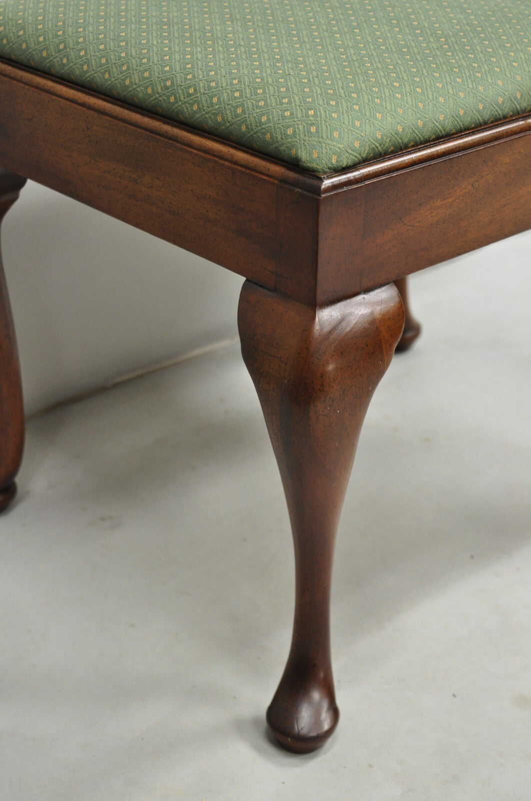 Vintage Queen Anne Style Mahogany Wood Green Upholstered Footstool Ottoman