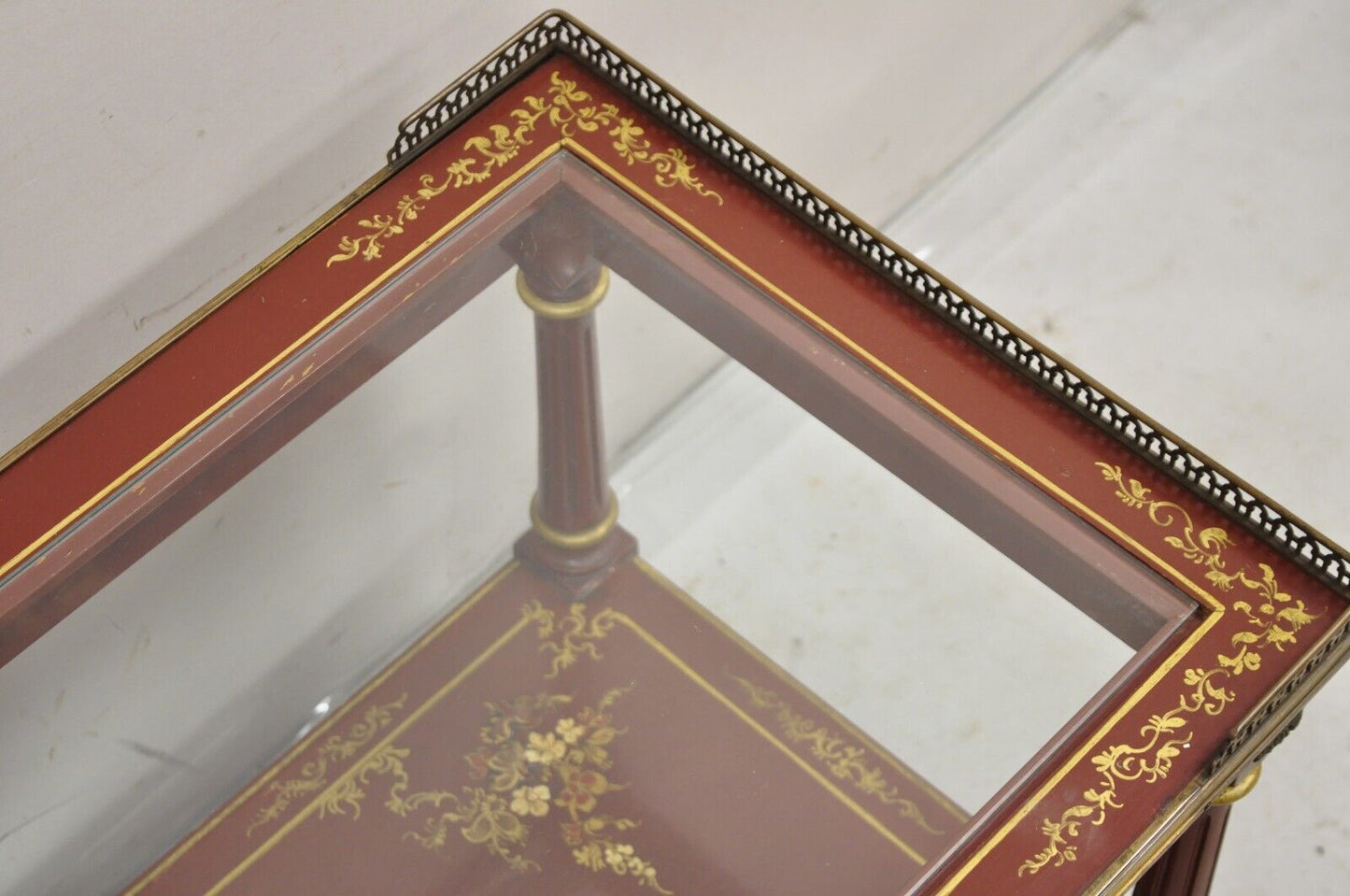 Chinoiserie Red Lacquer Gilt Painted Oriental Asian Glass Top Coffee Table