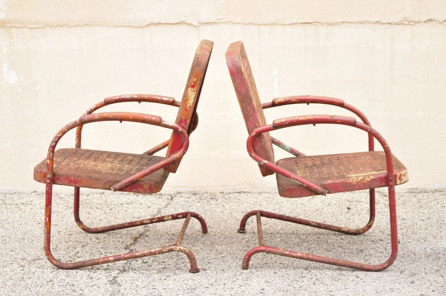 Antique Art Deco Basketweave Red Distress Paint Bouncer Garden Chairs - a Pair