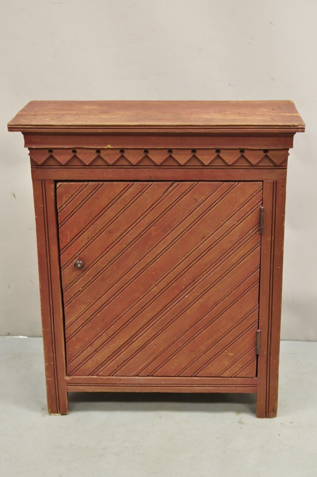 Antique French Country Red Distress Painted One Door Wooden Cupboard Cabinet
