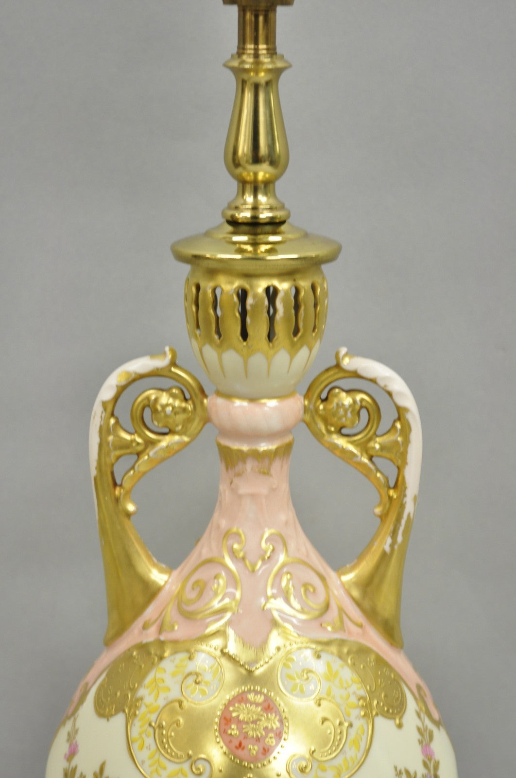 Antique Victorian Austrian Porcelain Pink Gold Gilt Small Boudoir Table Lamp