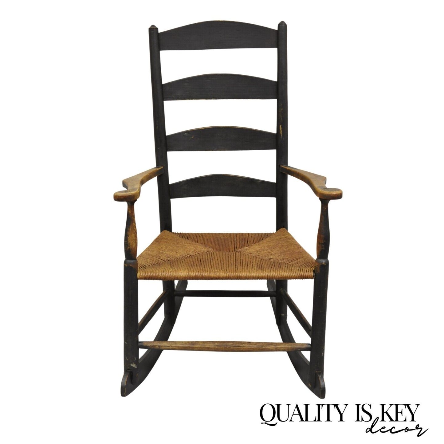 Antique American Primitive Shaker Ebonized Wood Rush Seat Rocker Rocking Chair