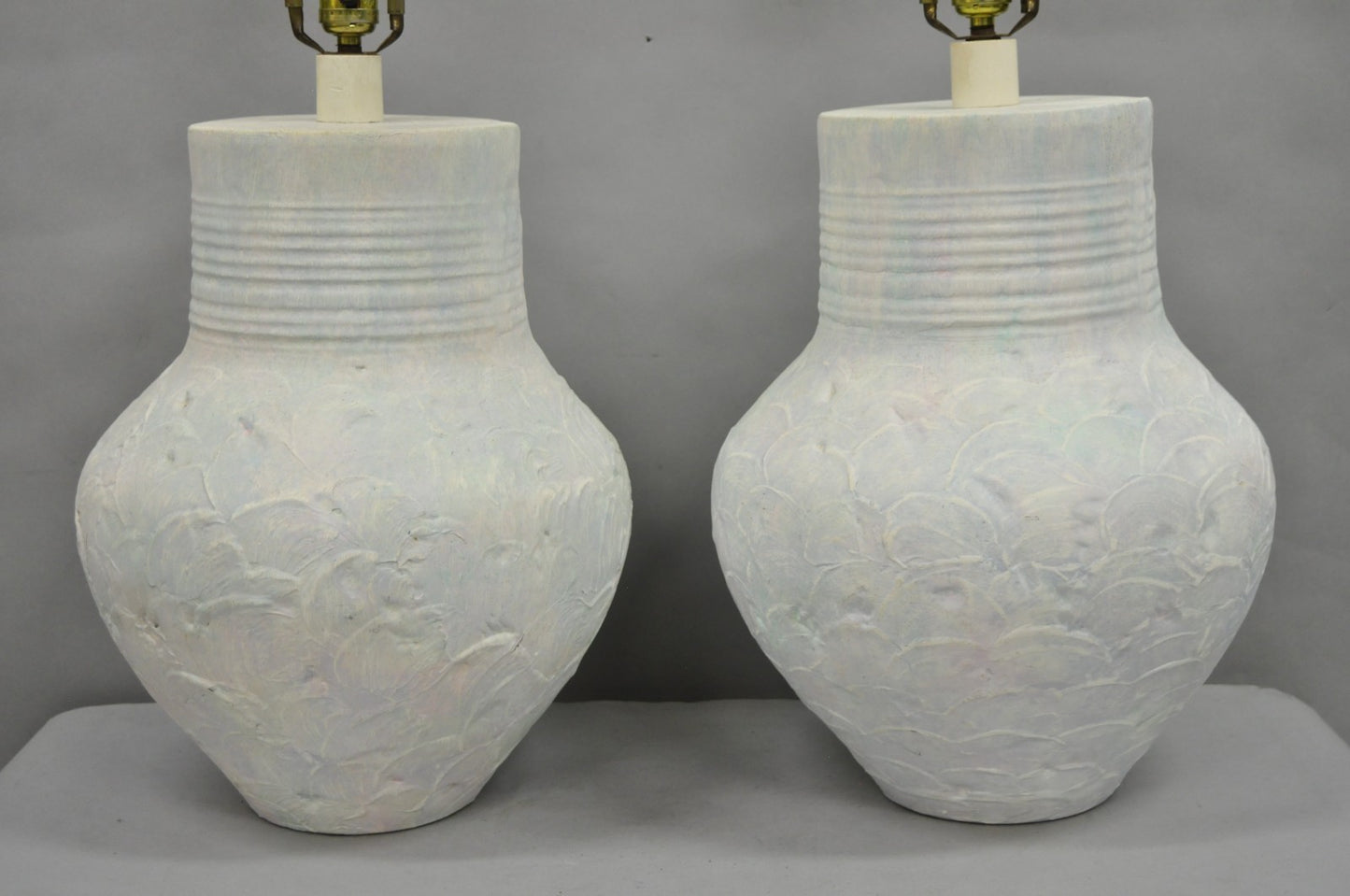 Vintage Postmodern Beach House Ceramic Plaster White Bulbous Table Lamps, a Pair