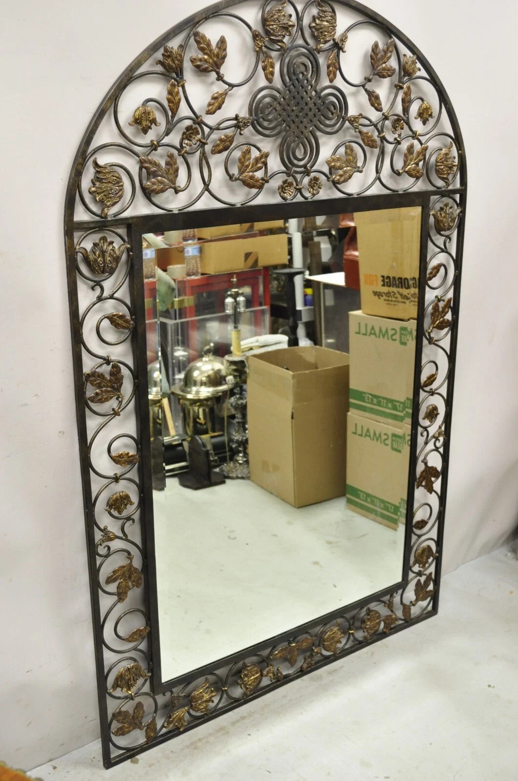 LaBarge Italian Mediterranean Wrought Iron Flower Leaf Scroll Arched Wall Mirror