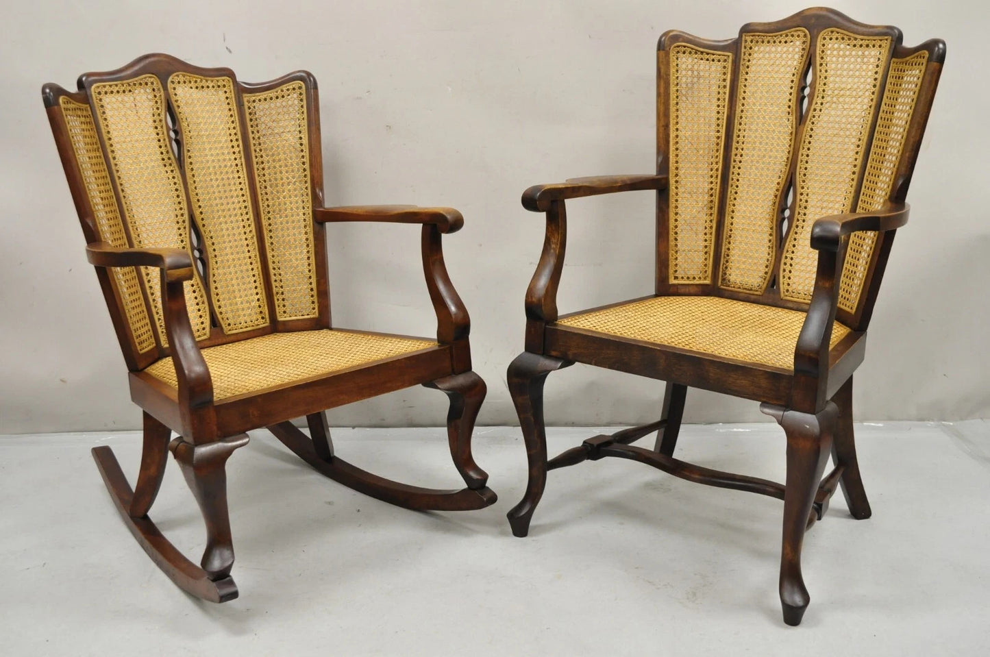 Antique Victorian Walnut and Cane Carved Lounge Arm Chair w/ Queen Anne Legs