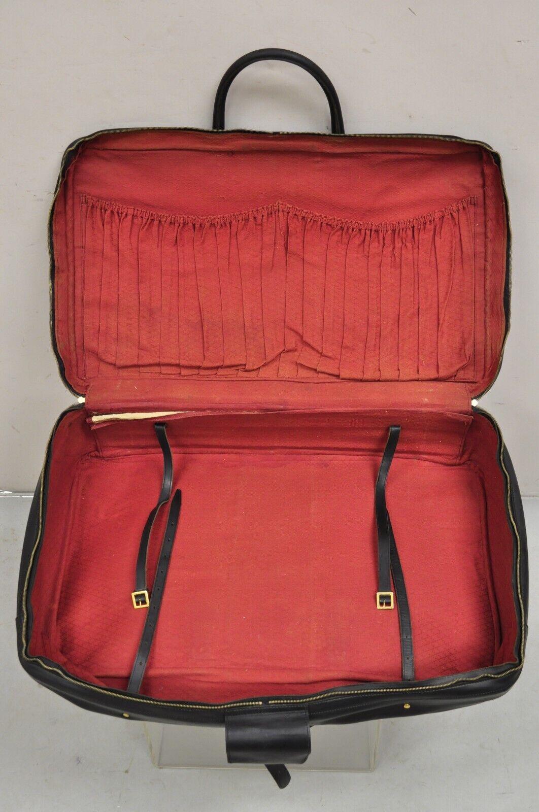 Vintage Gucci Large Black Leather Suitcase Luggage Travel Bag Green Red Webbing