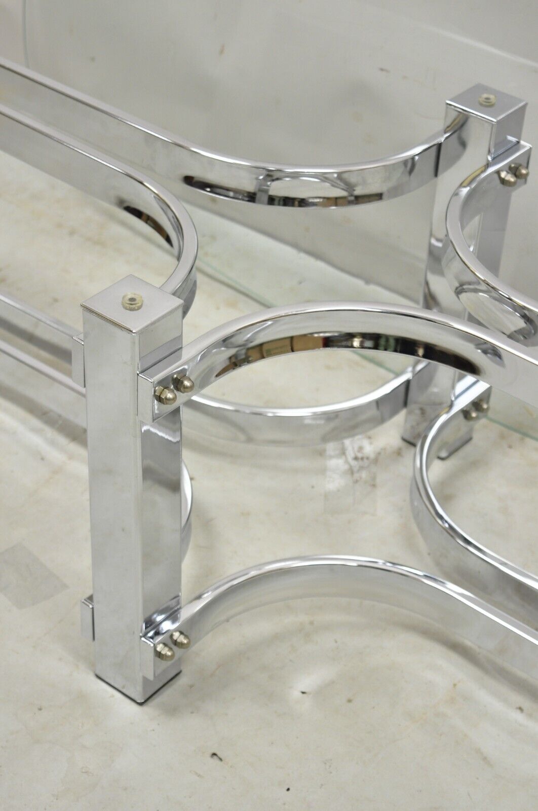 Vintage Mid Century Modern Oval Glass Top Sculptural Chrome Frame Coffee Table