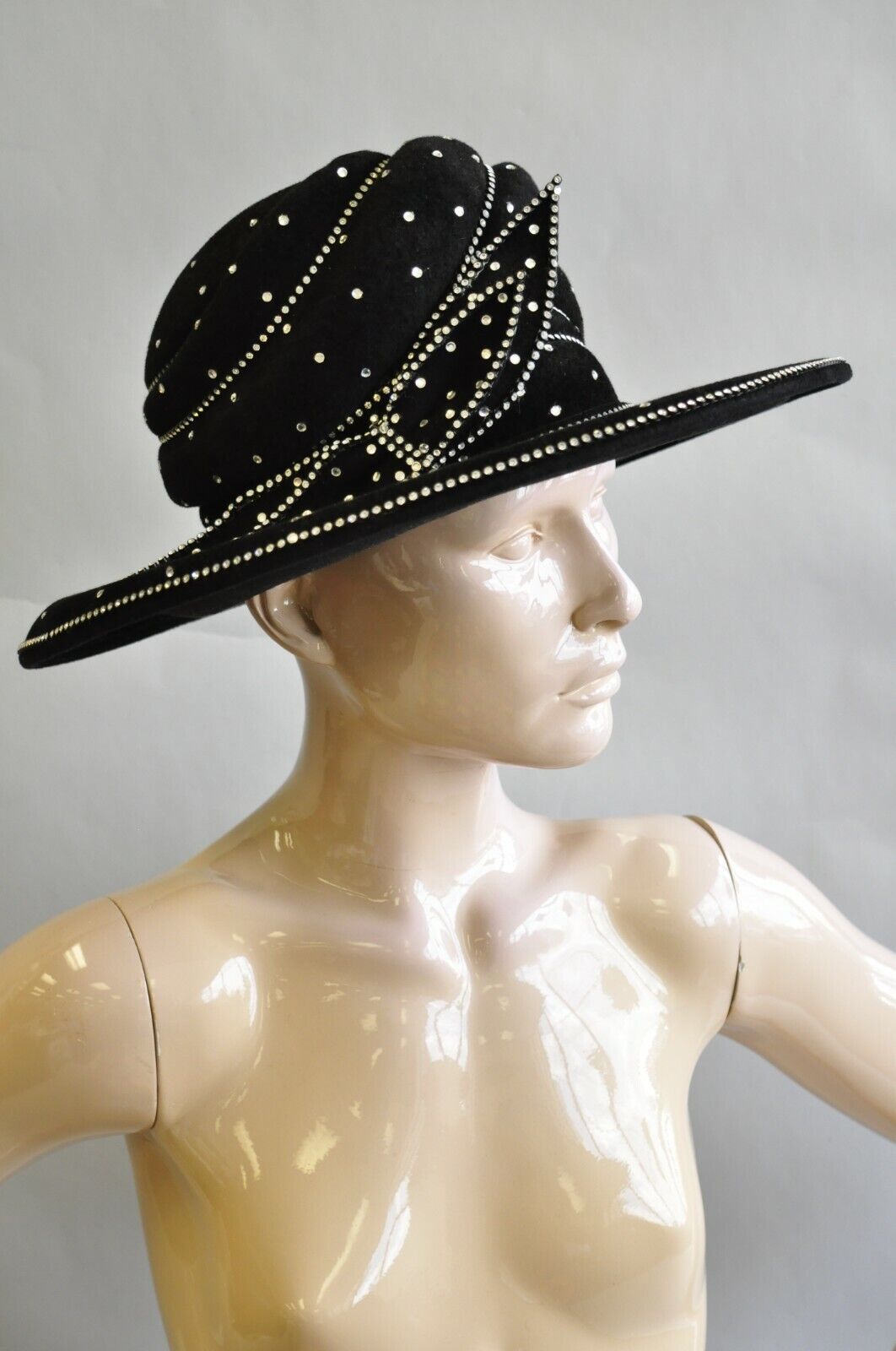 Vintage Makins New York Black Rhinestone Bow Wide Brim Church Derby Ladies Hat