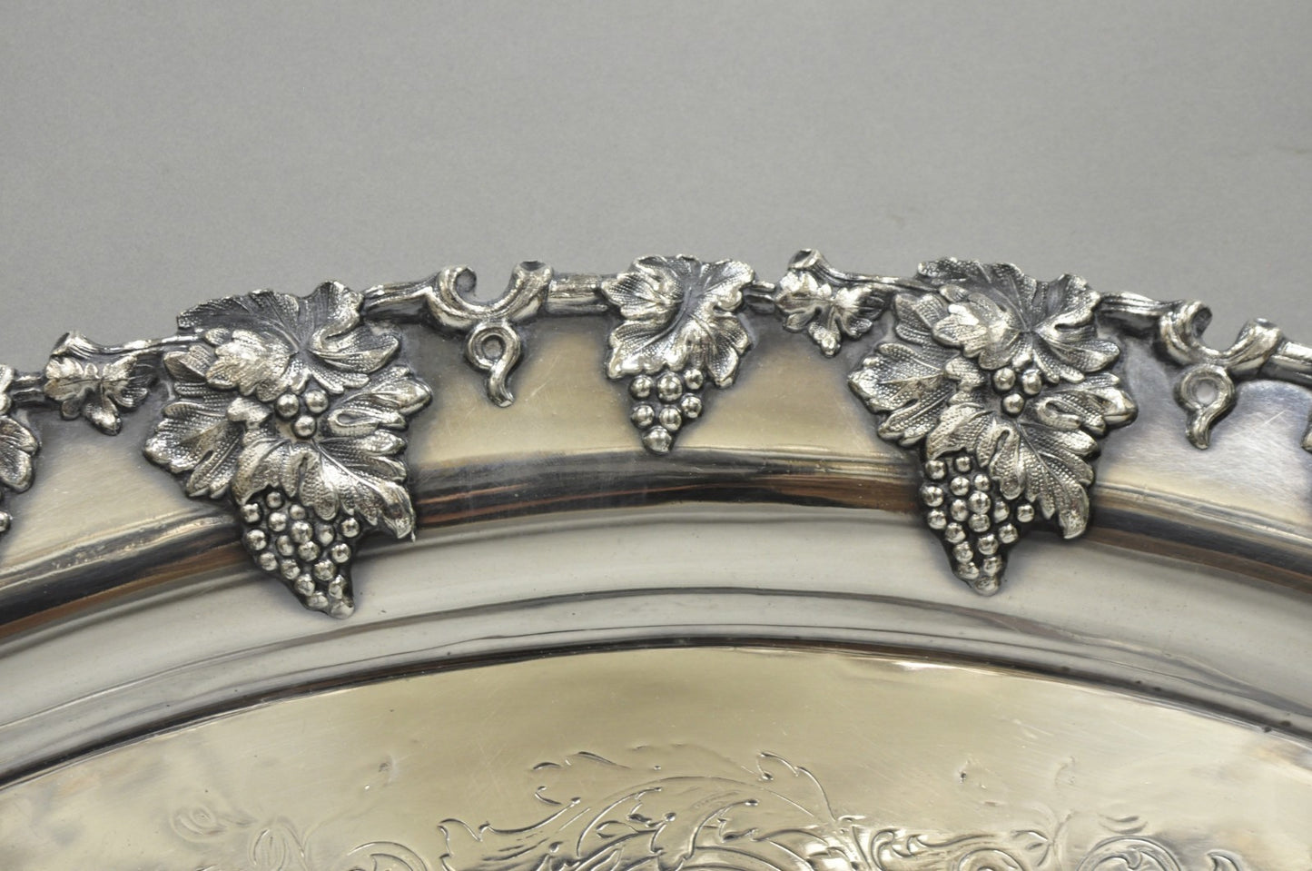 Antique English Victorian Silver Plated Grapevine Oval Bar Tray w/ Monogram