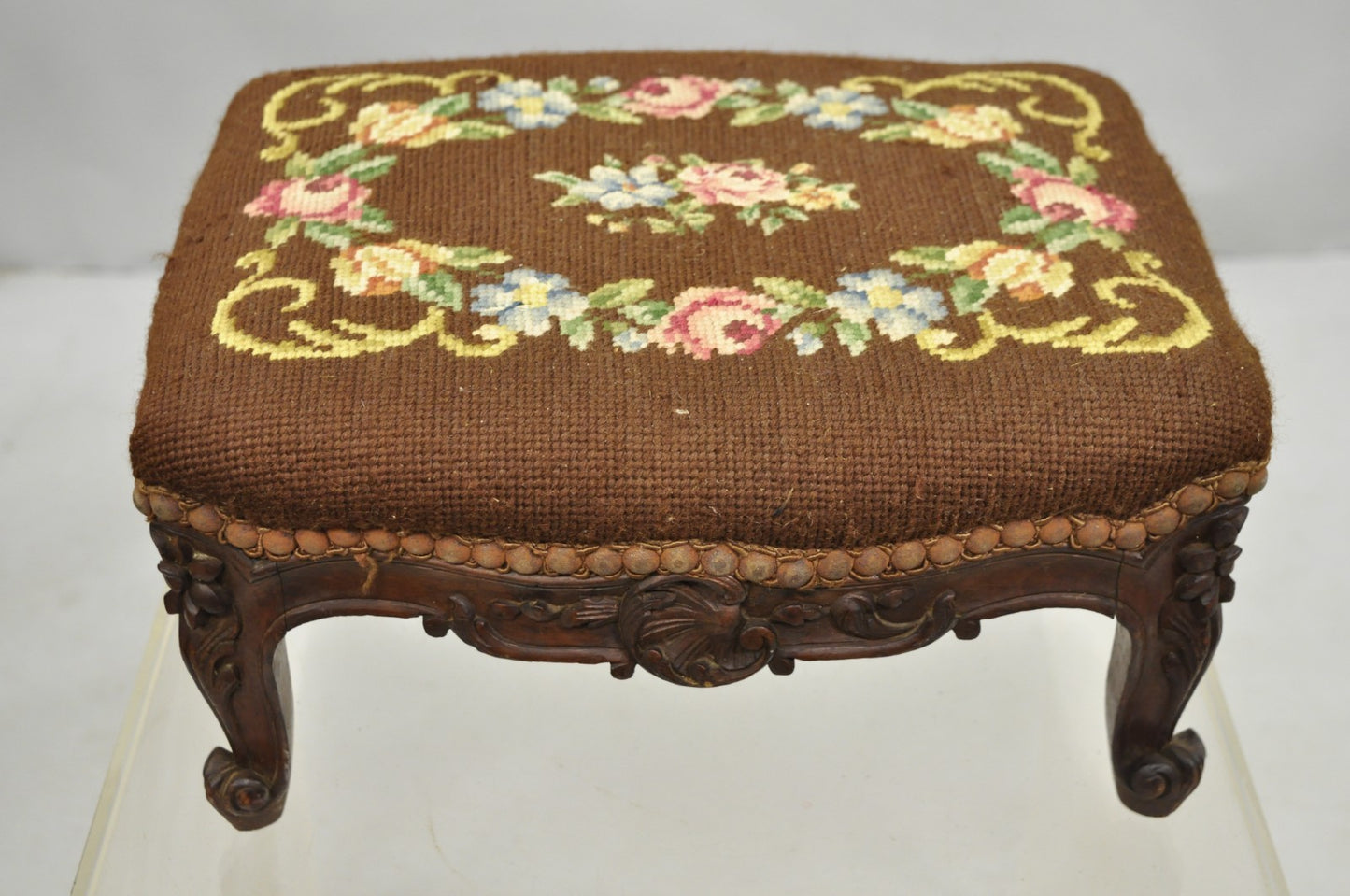 French Country Louis XV Carved Walnut Needlepoint Petite Footstool Ottoman