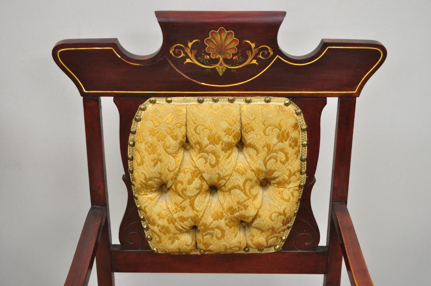 Pair of Antique Eastlake Victorian Mahogany Inlaid Parlor Arm Chairs