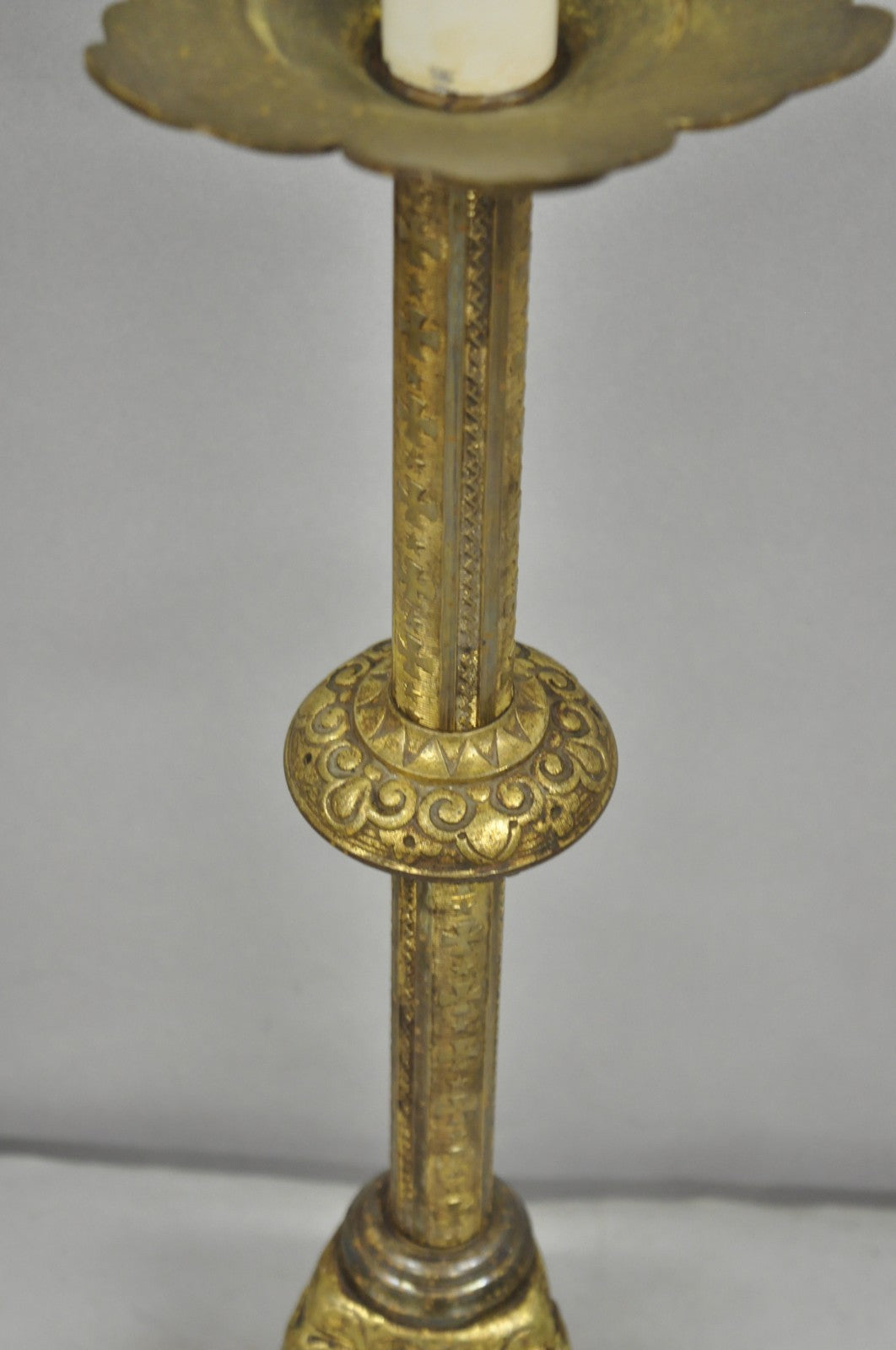 Antique French Renaissance Brass Religious Church Candlestick Table Lamp