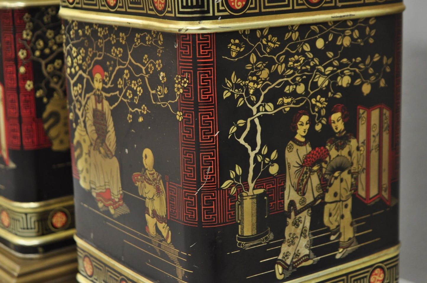 Vintage Chinoiserie Tole Metal Square English Tea Canister Table Lamps - a Pair