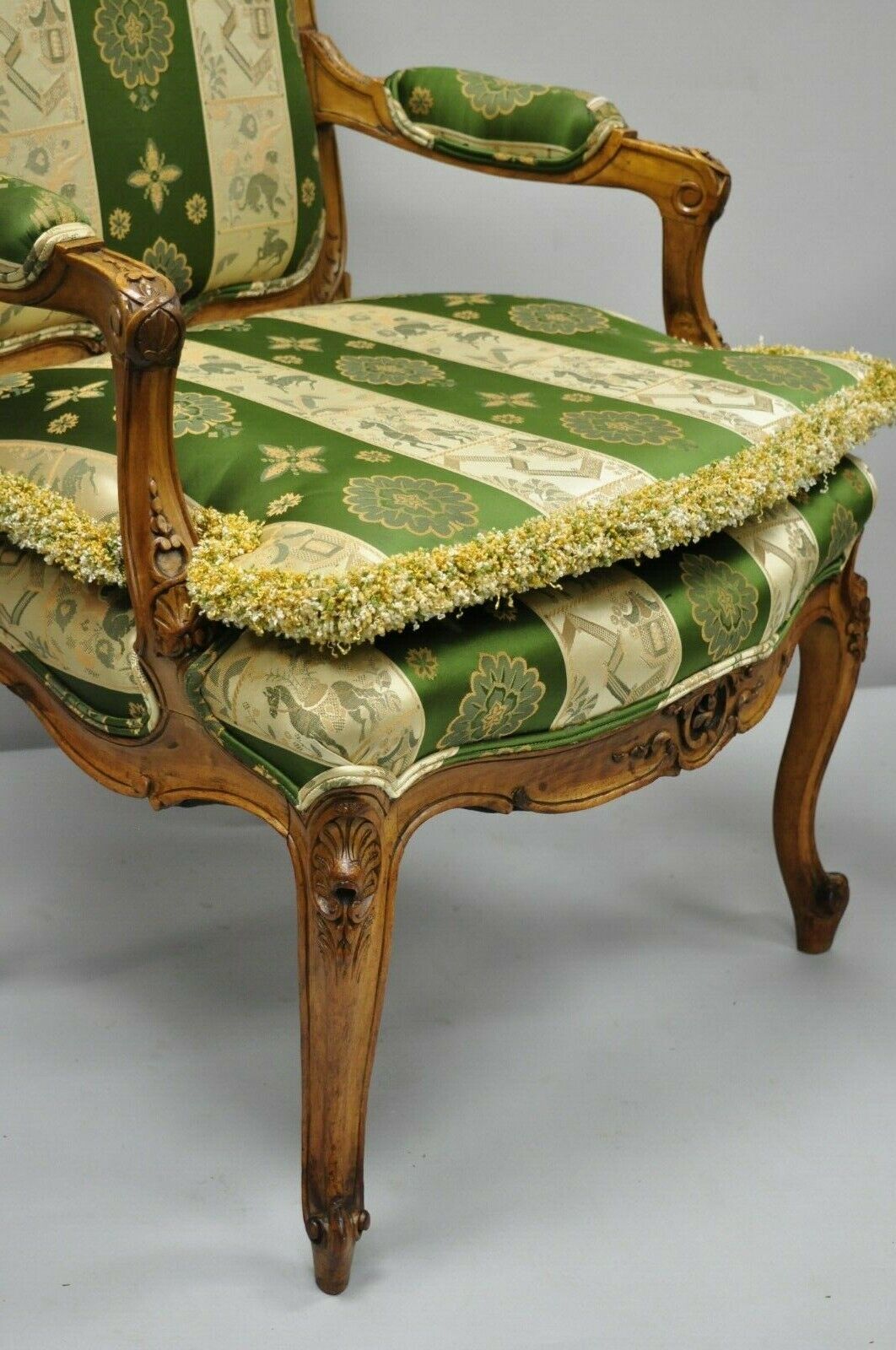 Antique French Louis XV Style Green & Gold Walnut Fauteuil Arm Chairs - a Pair