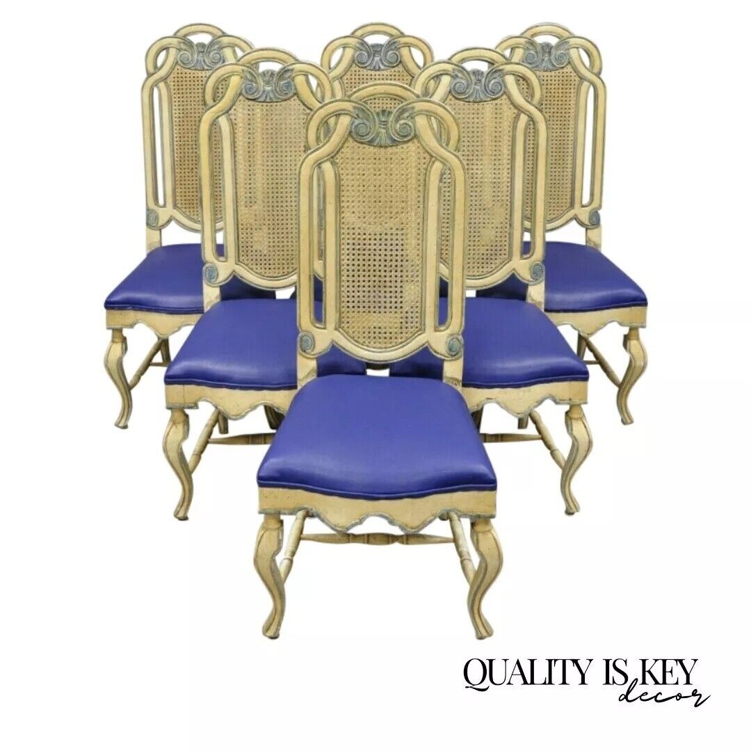 Vintage French Hollywood Regency Cane Pretzel Back Cream Dining Chair - Set of 6