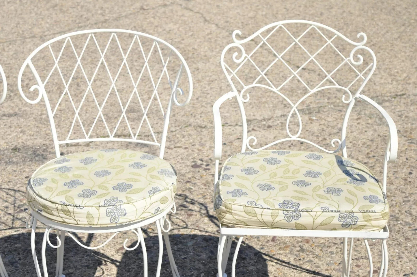 French Victorian Style White Wrought Iron Lattice Garden Patio Dining Set - 5 Pc