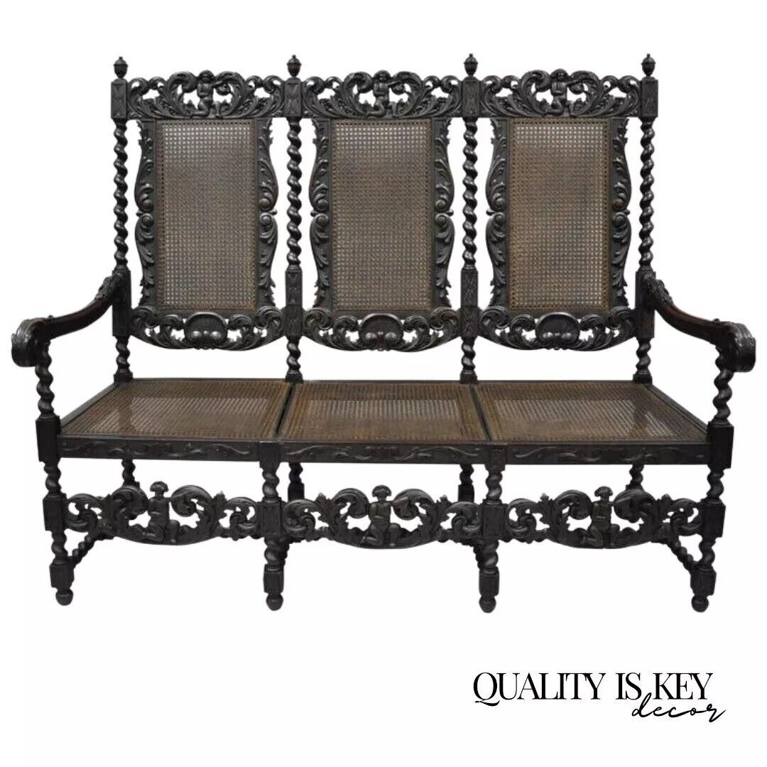 Jacobean Renaissance Barley Twist Cherub Carved Parlor Loveseat Bench Settee