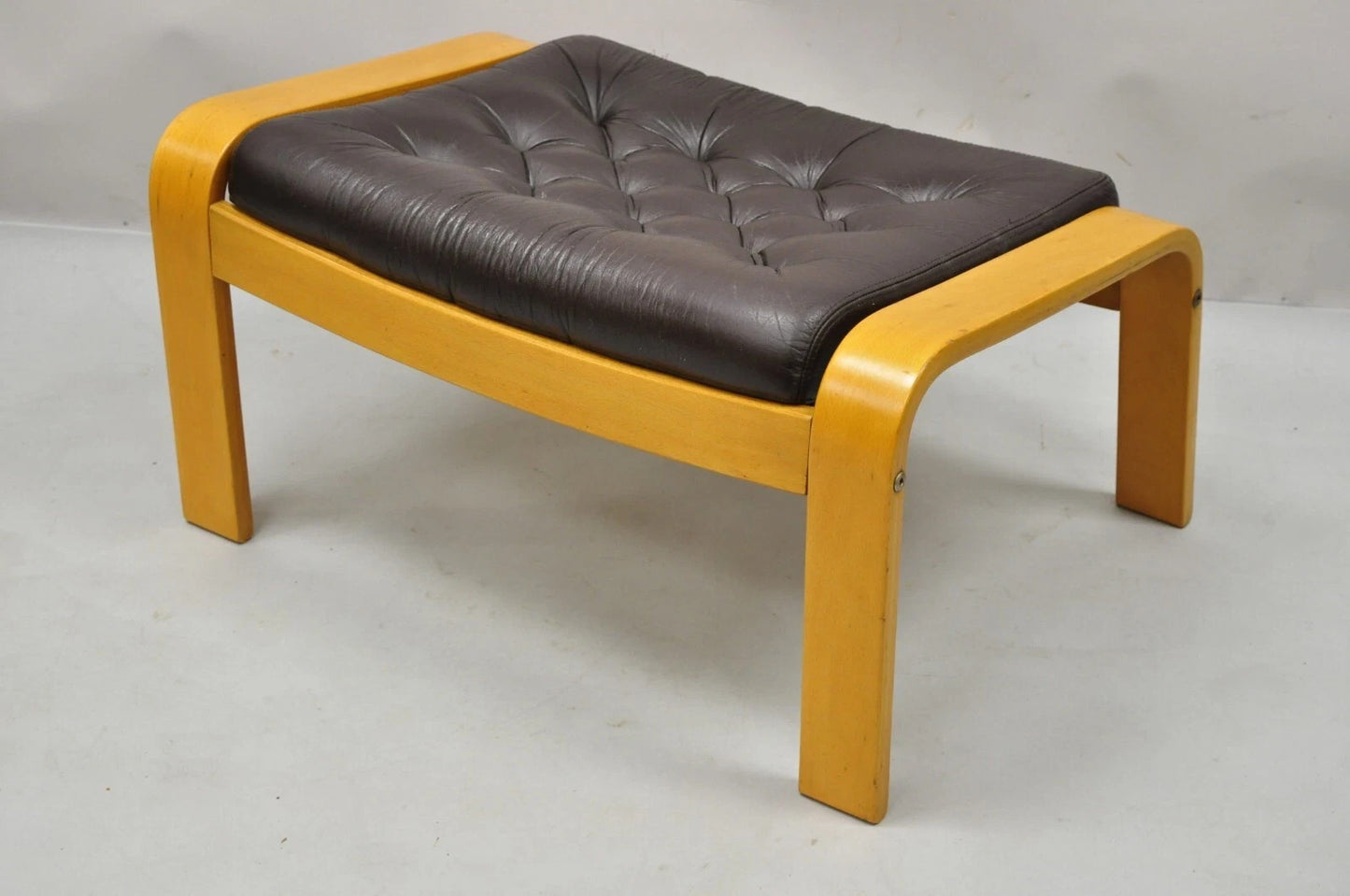 Vintage Noboru Nakamura Poang for Ikea Bentwood Brown Leather Footstool Ottoman