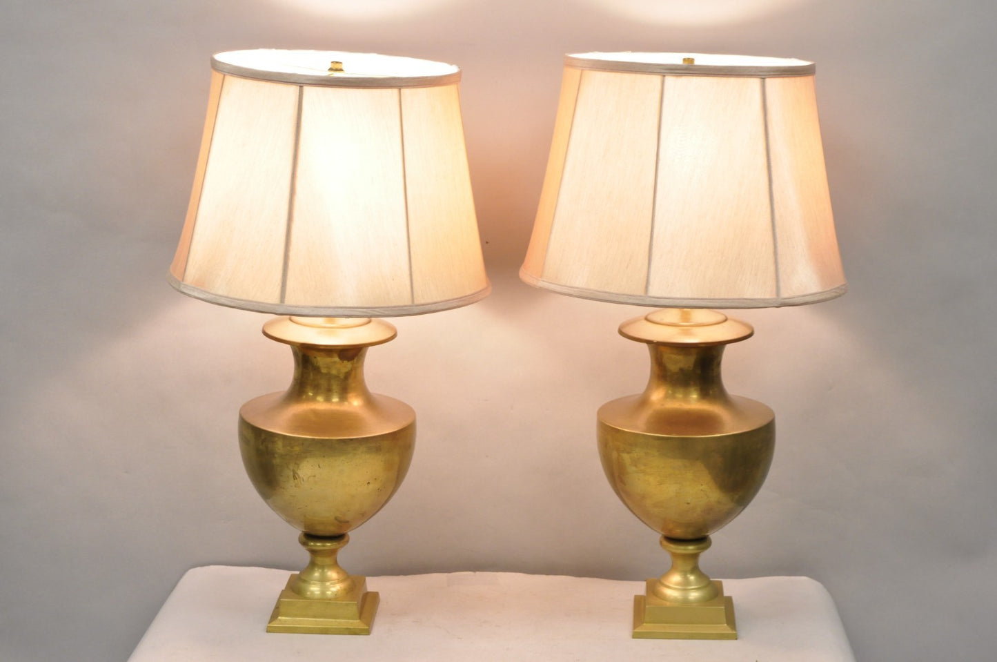 Vintage Hollywood Regency Patinated Brass Jardiniere Urn Table Lamps - a Pair
