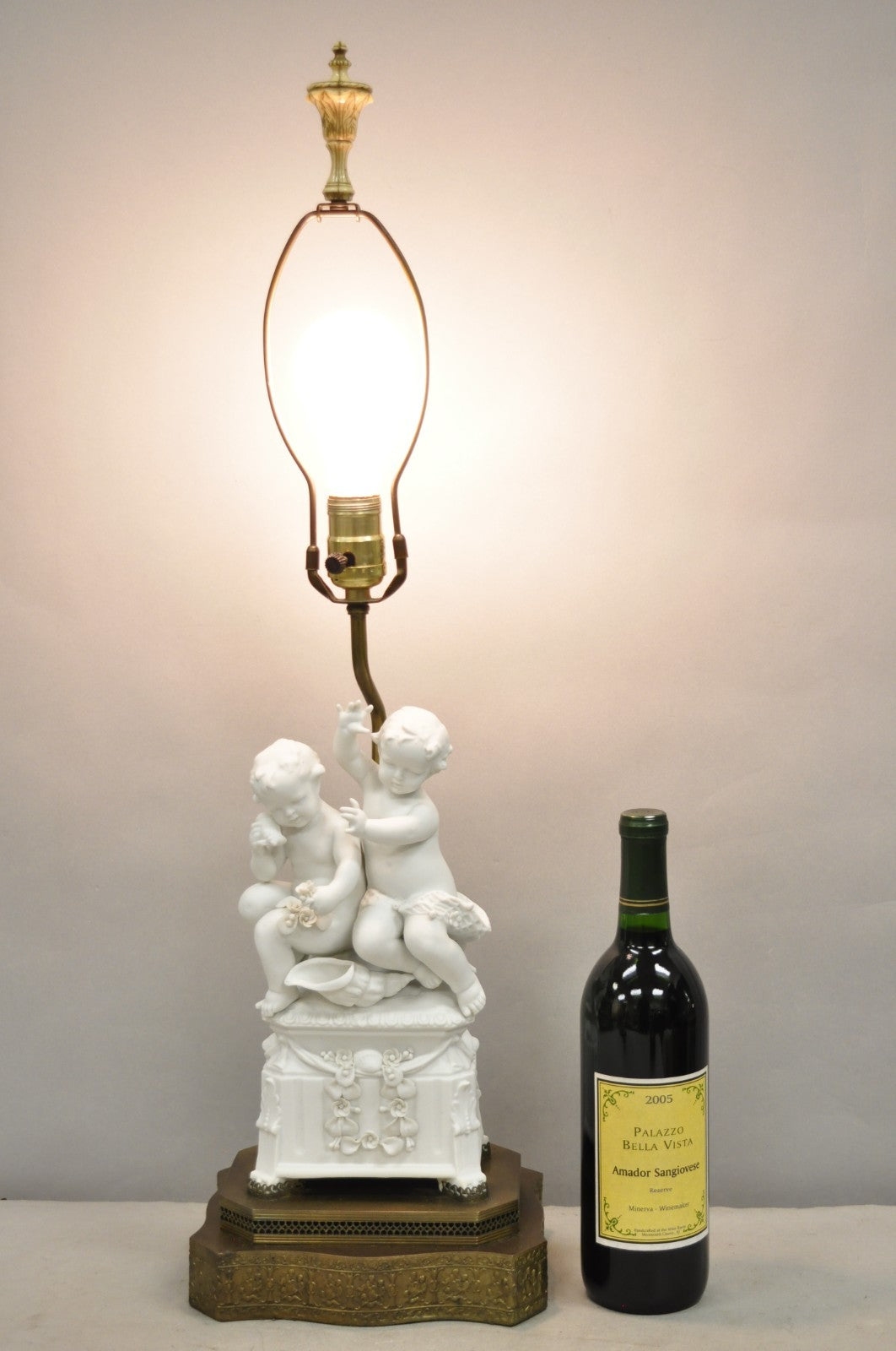 Antique French Parian Bisque Porcelain White Double Cherub & Shell Table Lamp
