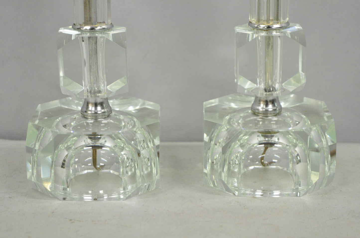 Vintage Art Deco Glass Column Candlestick Small Boudoir Vanity Bedroom Lamp Pair