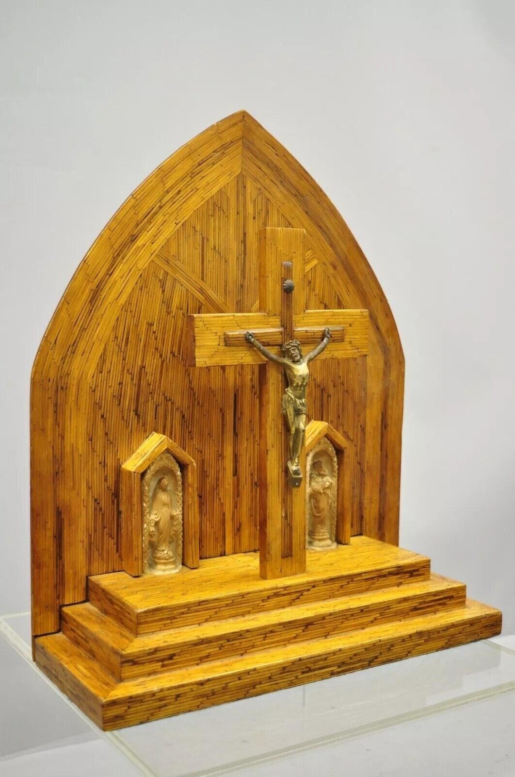 Vintage Folk Art Matchstick Prison Tramp Art Crucifix Jesus Christ Sculpture