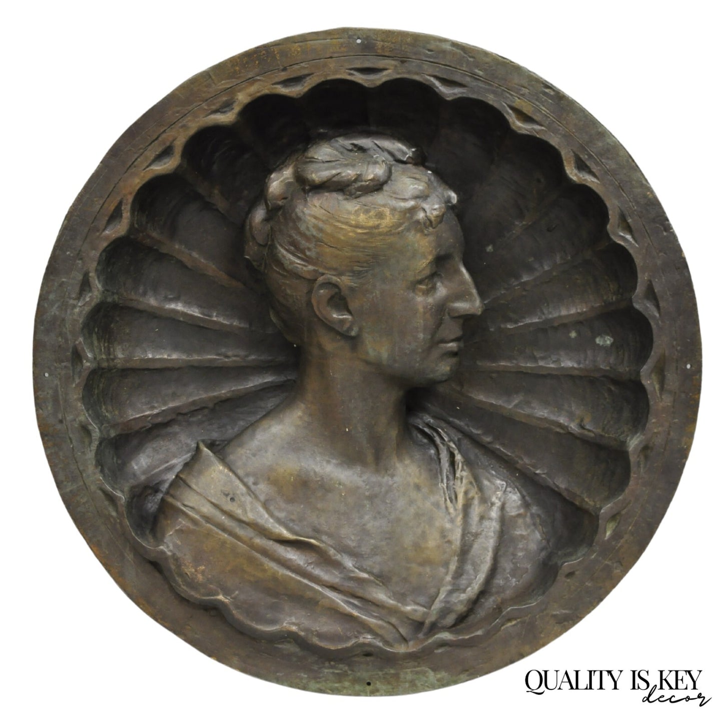Antique Italian Woman Bust Large 25" Bronze Relief Repousse Monument Plaque